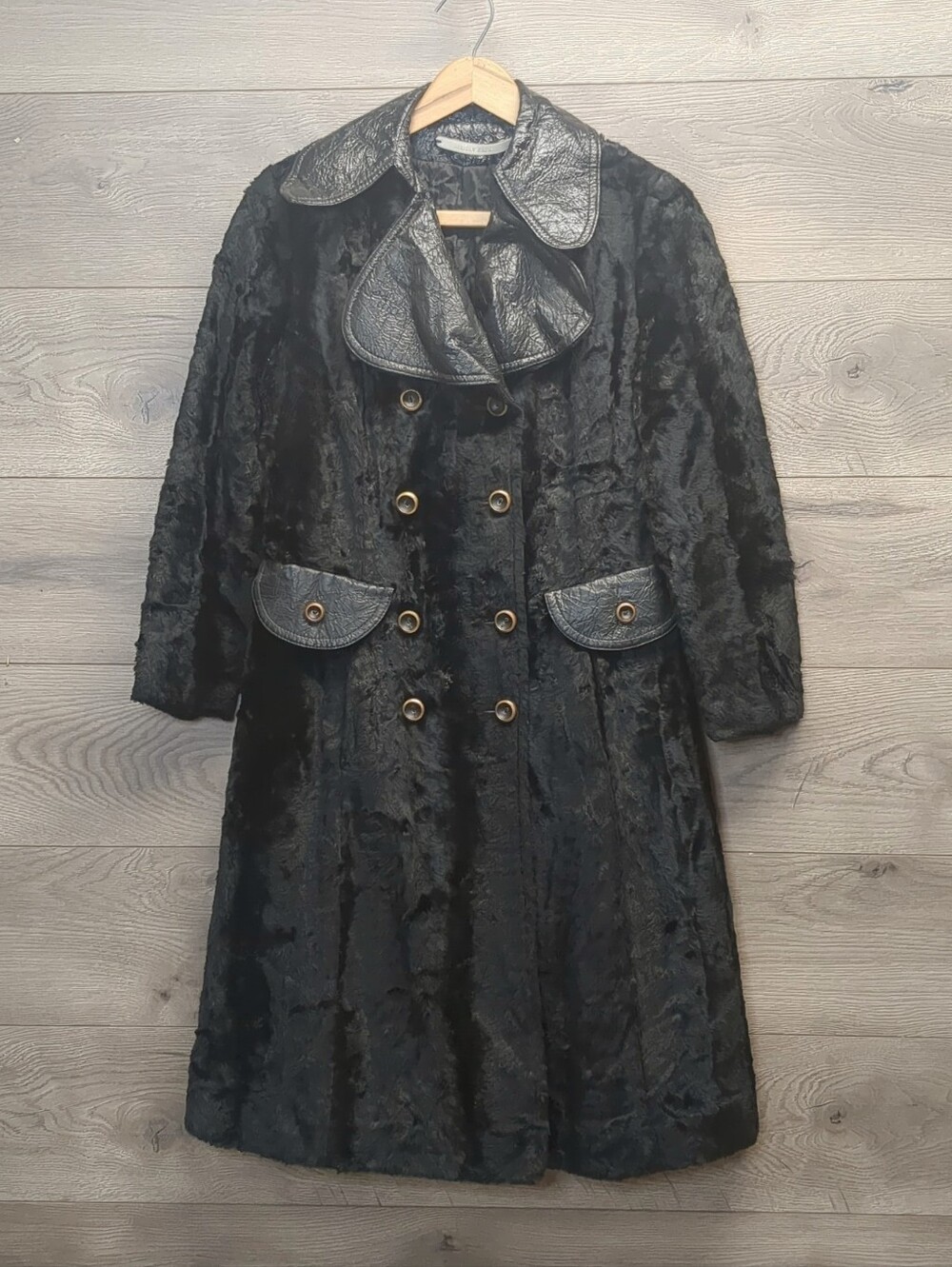 Vintage Black Faux Fur Coat Gothic Double Breasted American Bazaar 80s Women's S